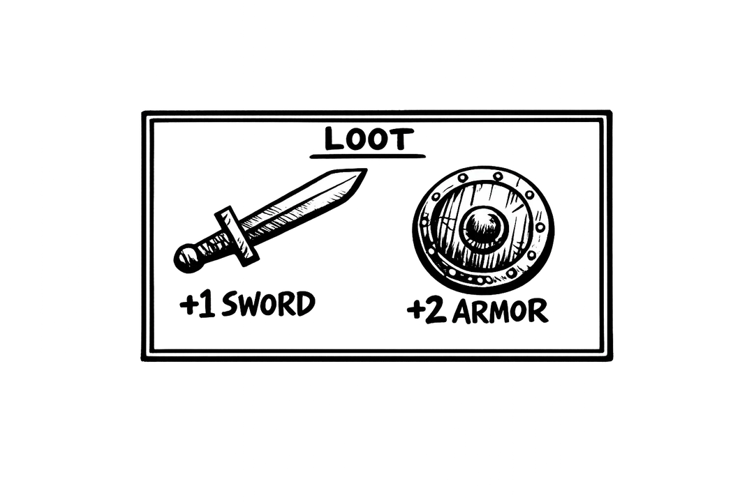 An ICRPG loot index card headed LOOT, showing a sword labeled +1 SWORD and a round shield labeled +2 ARMOR, drawn in bold black felt-marker ink.