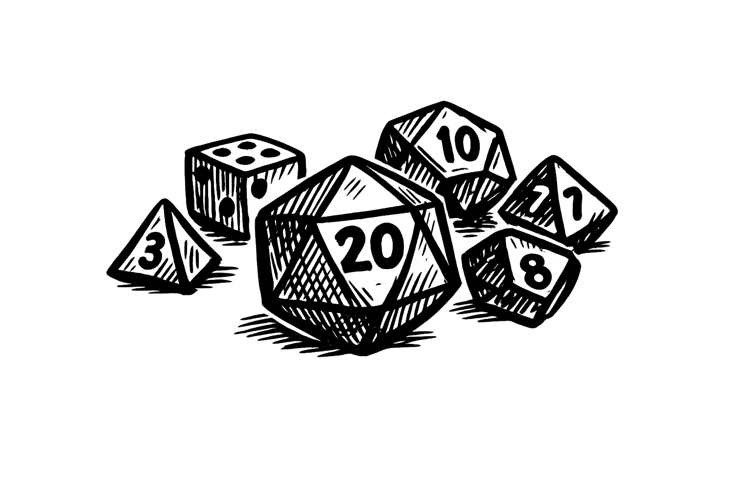 A scattered handful of polyhedral tabletop RPG dice with a large d20 showing 20 in front, drawn in bold black felt-marker ink.
