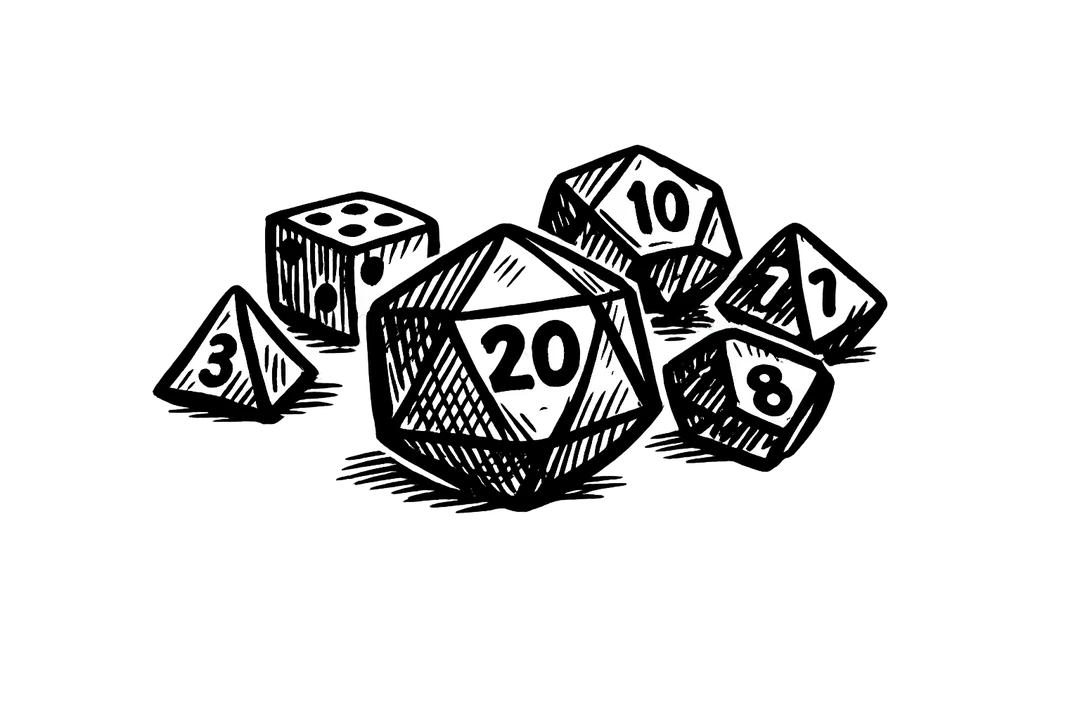 A scattered handful of polyhedral tabletop RPG dice with a large d20 showing 20 in front, drawn in bold black felt-marker ink.