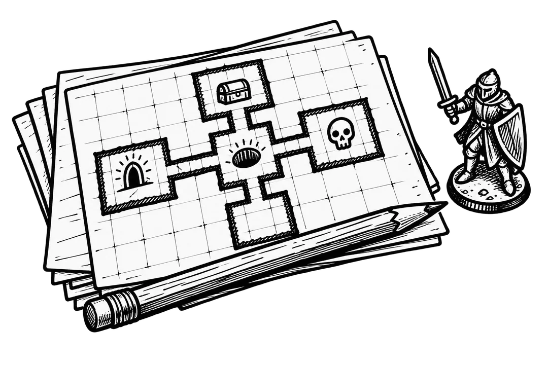 A stack of index cards drawn in bold black felt-marker ink; the top card shows a five-room dungeon map with an entrance, a pit, a treasure chest and a skull room, beside a pencil and a knight miniature.
