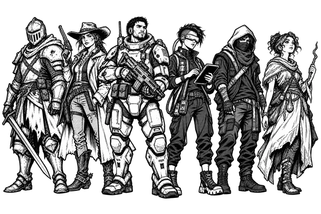 Six heroes from different genres standing shoulder to shoulder, drawn in bold black felt-marker ink: a knight with a sword, a cowgirl gunslinger, a space soldier with a carbine, a cyberpunk hacker with a datapad, a hooded masked vigilante, and a young sorceress with a wand.
