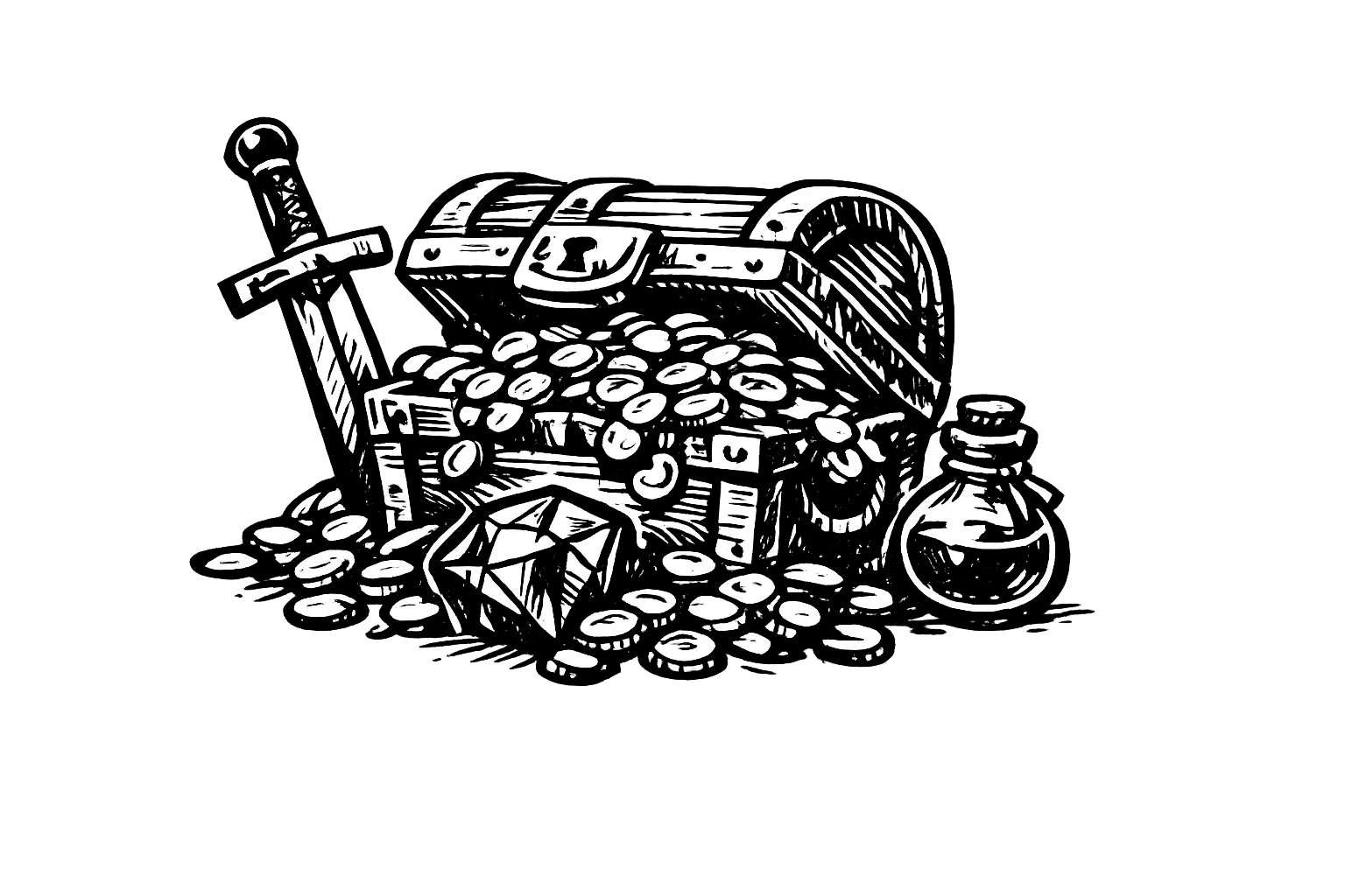 An overflowing treasure chest spilling gold coins, a gem, a magic sword, and a potion bottle, drawn in bold black felt-marker ink.
