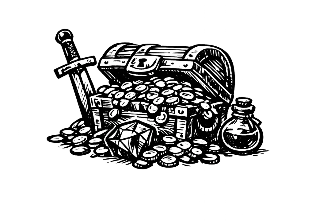 An overflowing treasure chest spilling gold coins, a gem, a magic sword, and a potion bottle, drawn in bold black felt-marker ink.