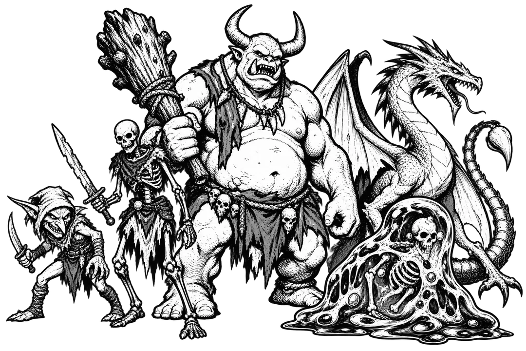 A lineup of monsters drawn in bold black felt-marker ink: a sneaky goblin with knives, a skeleton with a notched sword, a hulking horned ogre with a spiked club, a slime holding a skeleton inside, and a winged wyvern with a stinger tail.