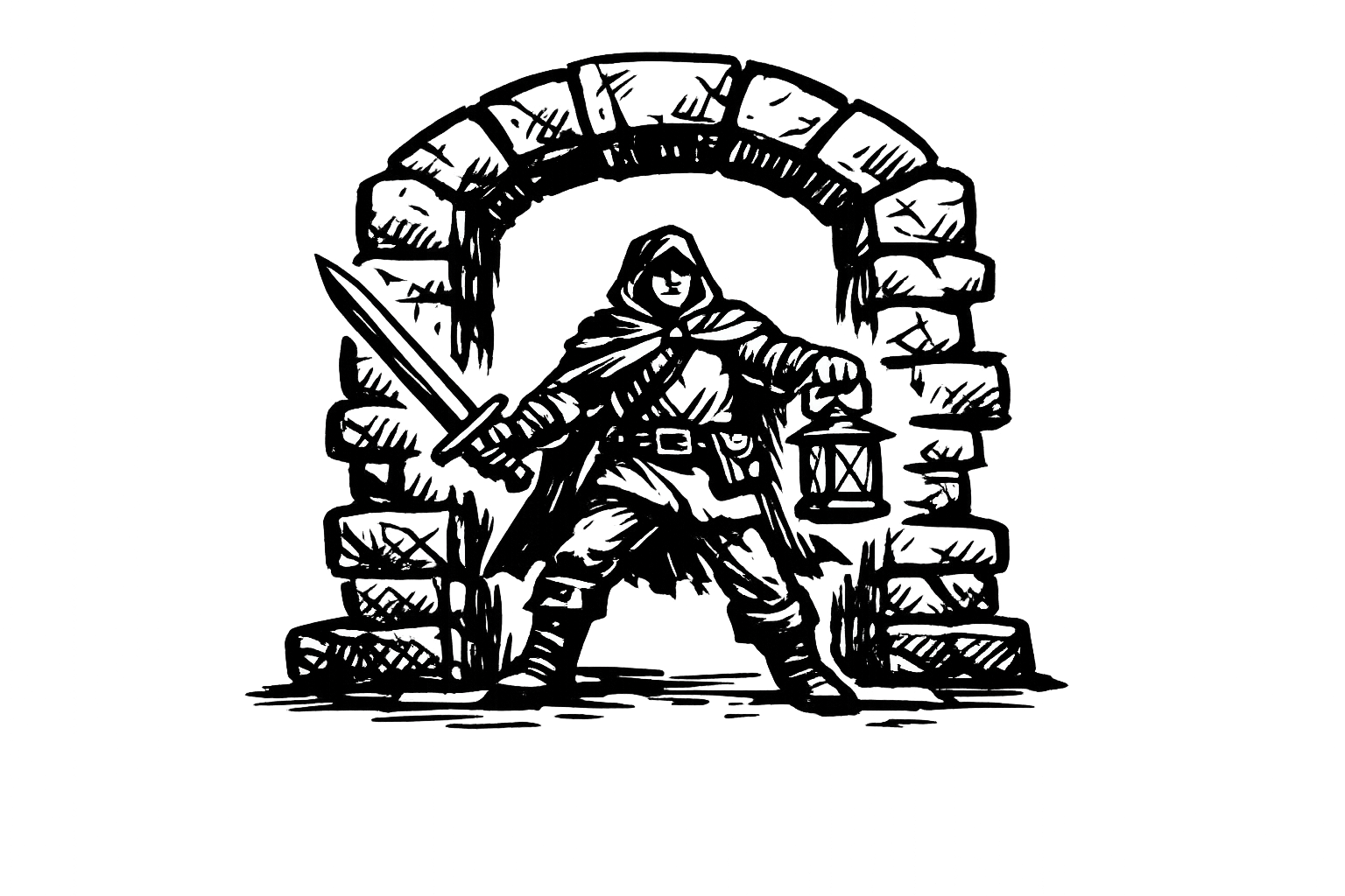 A lone cloaked adventurer with a sword and lantern stepping through a stone dungeon archway, drawn in bold black felt-marker ink.