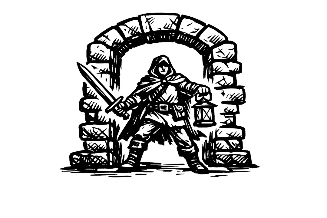 A lone cloaked adventurer with a sword and lantern stepping through a stone dungeon archway, drawn in bold black felt-marker ink.