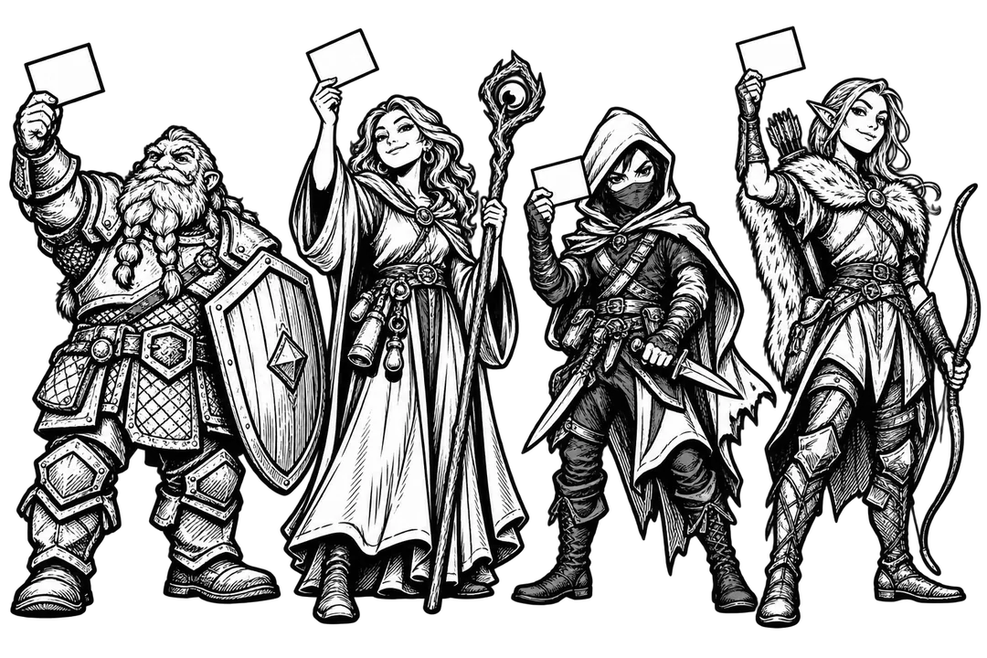 Four adventurers standing side by side, drawn in bold black felt-marker ink: an armored dwarf warrior with a shield, a robed mage with a staff, a masked rogue with a dagger, and an elf ranger with a bow, each holding up a blank index card.
