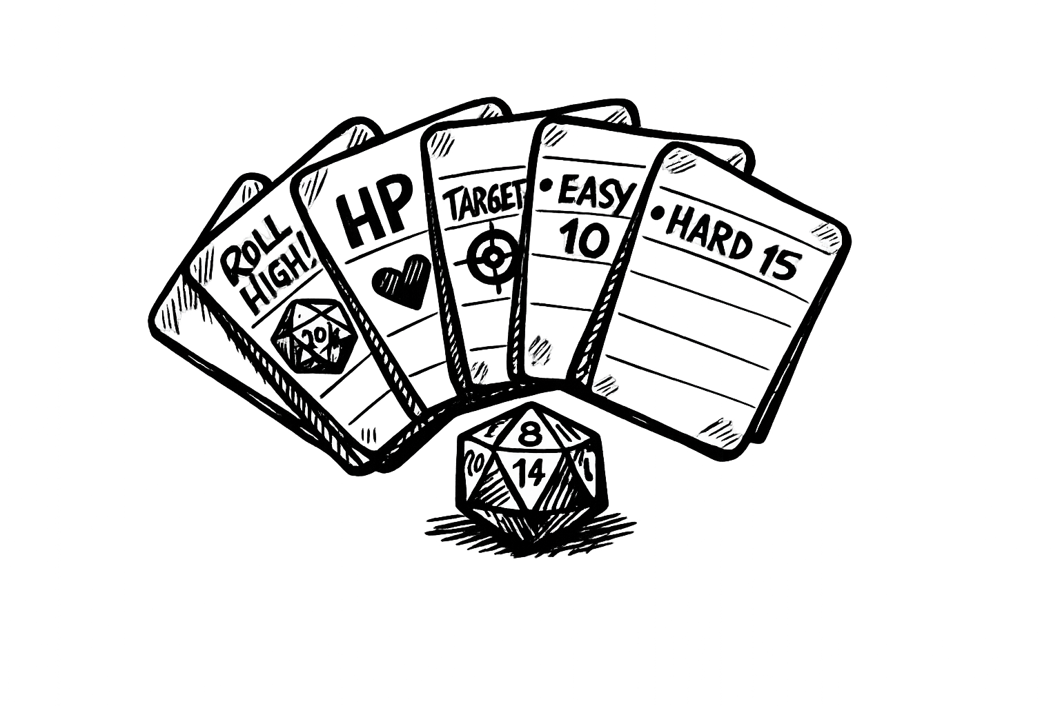 A fanned spread of index cards showing quick rule notes like ROLL HIGH, HP, TARGET, EASY 10, HARD 15, with a d20 resting in front, drawn in bold black felt-marker ink.