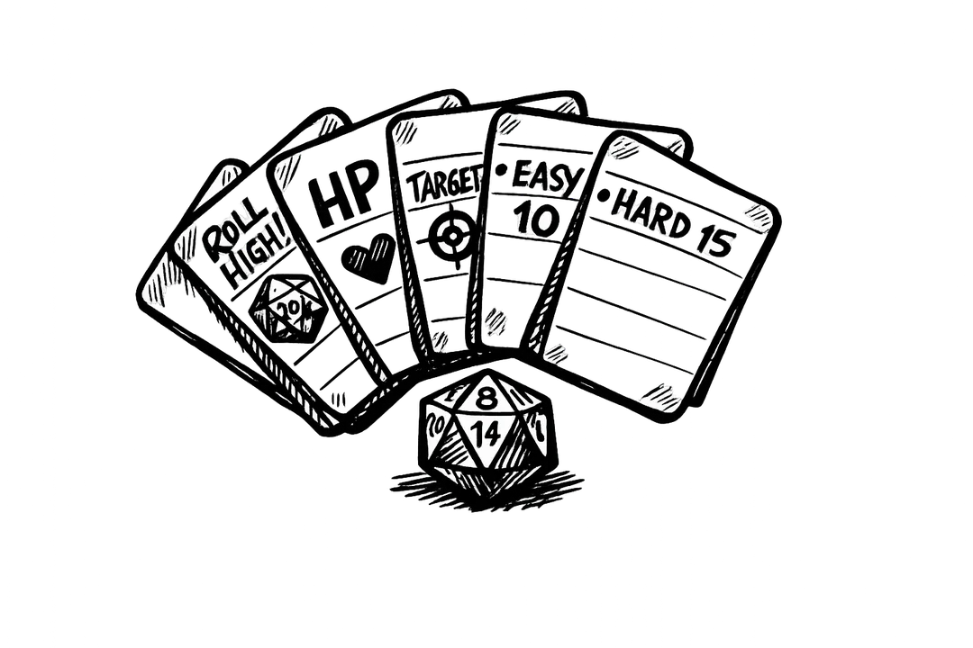 A fanned spread of index cards showing quick rule notes like ROLL HIGH, HP, TARGET, EASY 10, HARD 15, with a d20 resting in front, drawn in bold black felt-marker ink.