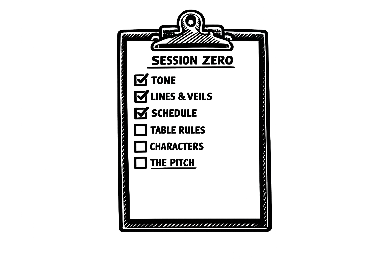 A hand-drawn clipboard headed SESSION ZERO with a checklist: Tone, Lines & Veils, and Schedule ticked; Table Rules, Characters, and The Pitch unchecked, drawn in bold black felt-marker ink.
