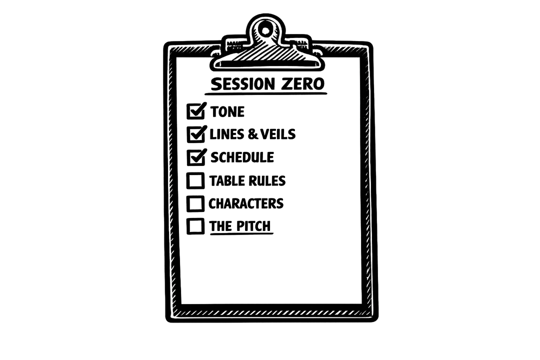 A hand-drawn clipboard headed SESSION ZERO with a checklist: Tone, Lines & Veils, and Schedule ticked; Table Rules, Characters, and The Pitch unchecked, drawn in bold black felt-marker ink.
