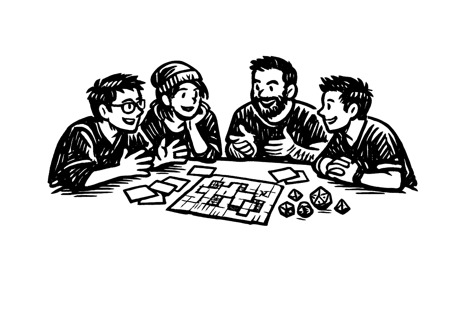 Four tabletop RPG players leaning over a game table covered with index cards, a hand-drawn map, and polyhedral dice, talking before a game, drawn in bold black felt-marker ink.