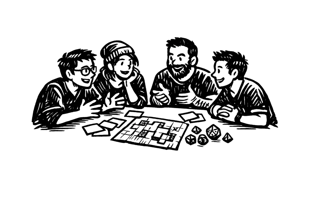 Four tabletop RPG players leaning over a game table covered with index cards, a hand-drawn map, and polyhedral dice, talking before a game, drawn in bold black felt-marker ink.